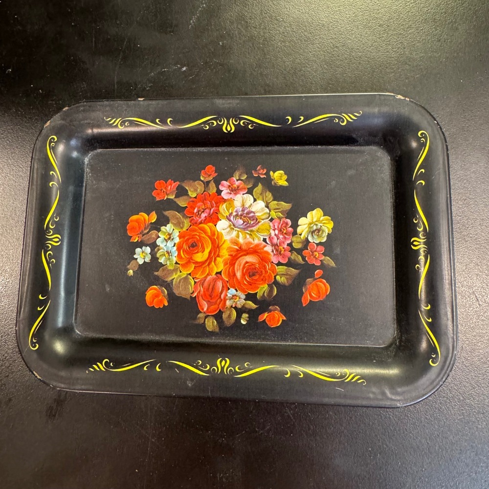 Vintage Metal Trinket Tray Small Black Floral Gold Filigree Toleware Decor